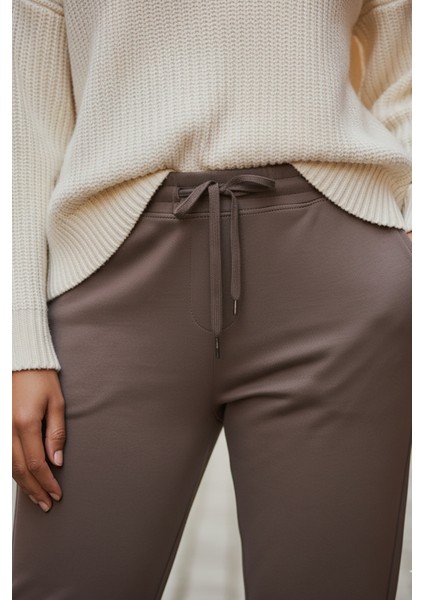 Sy & Black Kadın Çelik Örgü Beli Lastikli ve Bağcıklı Geniş Beden Aralıklı Jogger Pantolon 25P-03 Vizon modelleri