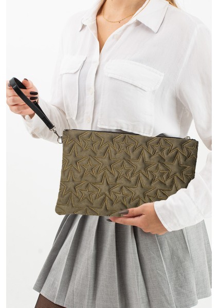Yıldız Desenli Yeşil Süet Portföy Çanta