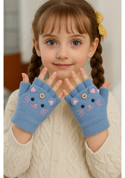 Kedi Desenli Kapaklı Kız Çocuk Peluş Parmaksız Eldiven