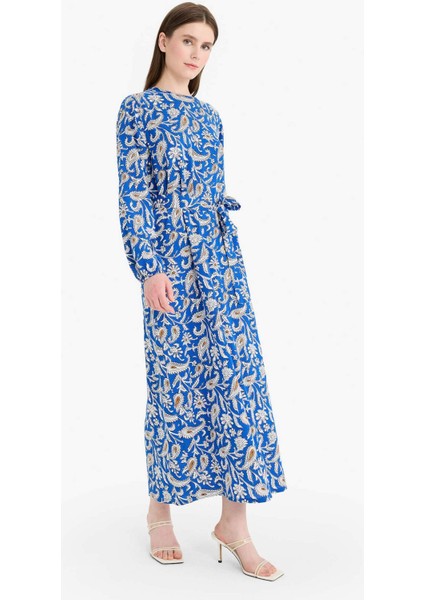 Regular Fit Bisiklet Yaka Desenli Kuşaklı Uzun Kollu Maxi Elbise D9835AX25SM