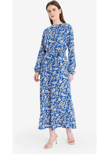 Regular Fit Bisiklet Yaka Desenli Kuşaklı Uzun Kollu Maxi Elbise D9835AX25SM