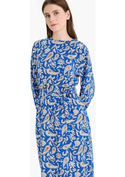 Regular Fit Bisiklet Yaka Desenli Kuşaklı Uzun Kollu Maxi Elbise D9835AX25SM