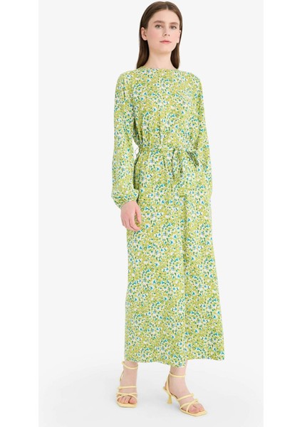 Regular Fit Bisiklet Yaka Çiçek Desenli Kuşaklı Uzun Kollu Maxi Elbise D9835AX25SM