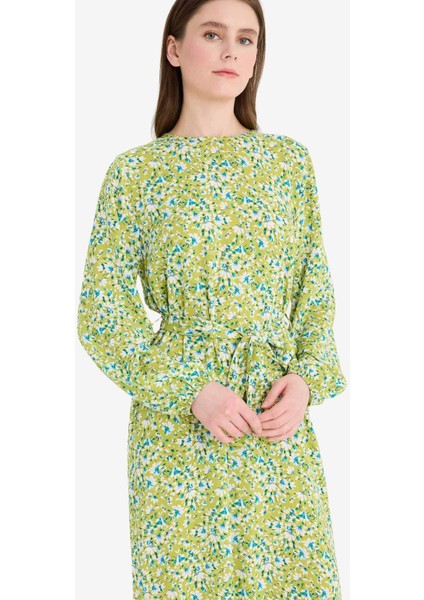Regular Fit Bisiklet Yaka Çiçek Desenli Kuşaklı Uzun Kollu Maxi Elbise D9835AX25SM