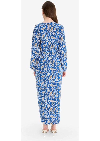 Regular Fit Bisiklet Yaka Desenli Kuşaklı Uzun Kollu Maxi Elbise D9835AX25SM