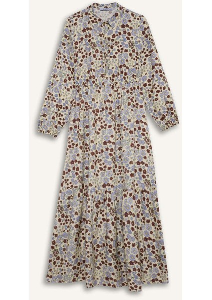 Gömlek Yaka Desenli Uzun Kollu Maxi Elbise