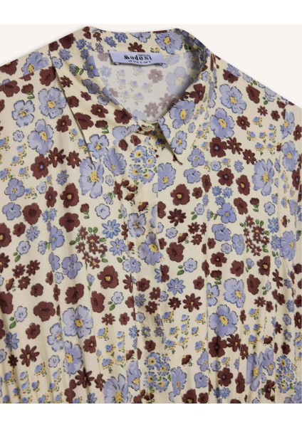 Gömlek Yaka Desenli Uzun Kollu Maxi Elbise