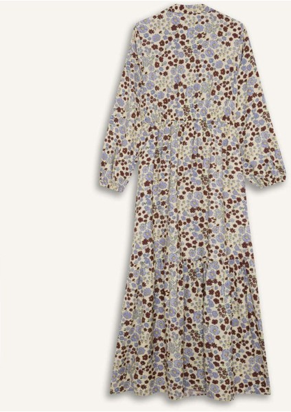 Gömlek Yaka Desenli Uzun Kollu Maxi Elbise