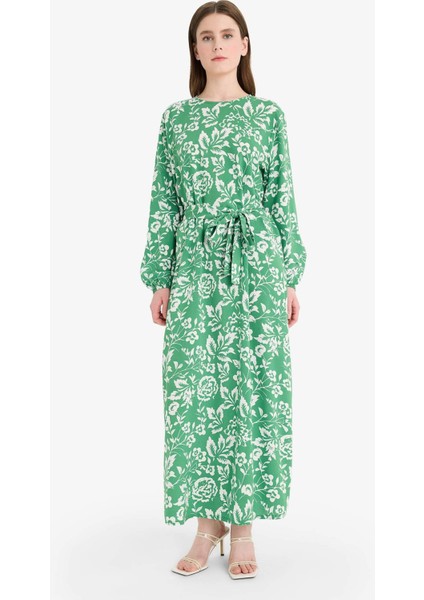 Regular Fit Bisiklet Yaka Desenli Kuşaklı Uzun Kollu Maxi Elbise D9835AX25SM