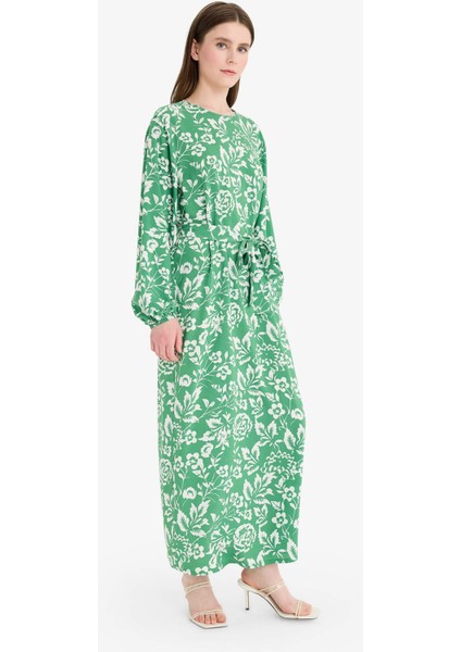 Regular Fit Bisiklet Yaka Desenli Kuşaklı Uzun Kollu Maxi Elbise D9835AX25SM