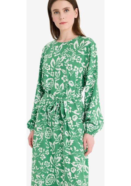 Regular Fit Bisiklet Yaka Desenli Kuşaklı Uzun Kollu Maxi Elbise D9835AX25SM