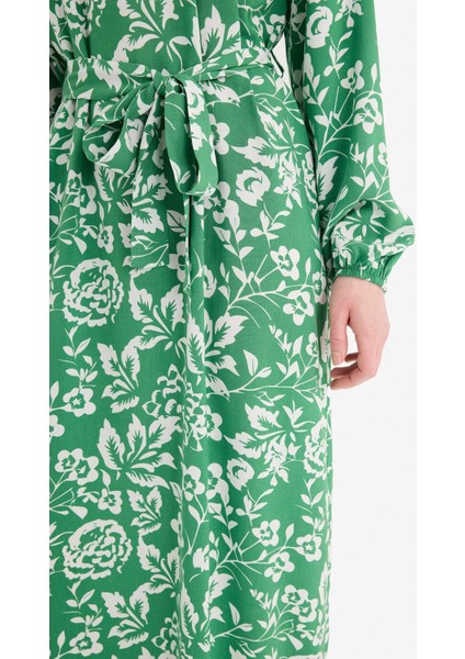 Regular Fit Bisiklet Yaka Desenli Kuşaklı Uzun Kollu Maxi Elbise D9835AX25SM