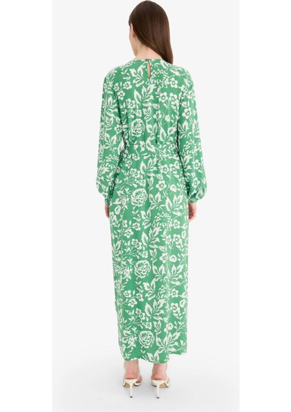 Regular Fit Bisiklet Yaka Desenli Kuşaklı Uzun Kollu Maxi Elbise D9835AX25SM