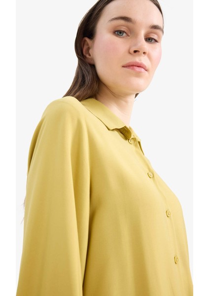 Regular Fit Basic Düz Viskon Uzun Kollu Gömlek Tunik D7352AX25SP