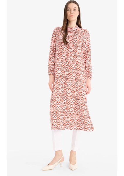 Regular Fit Desenli Dik Yaka Uzun Kollu Diz Altı Tunik D9861AX25SM
