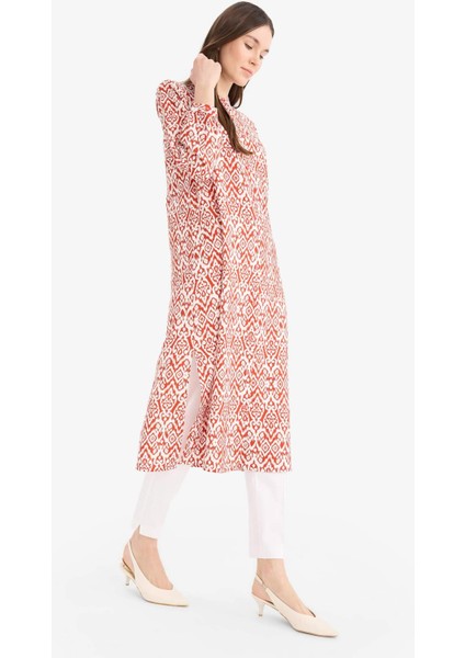 Regular Fit Desenli Dik Yaka Uzun Kollu Diz Altı Tunik D9861AX25SM