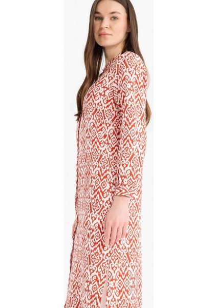 Regular Fit Desenli Dik Yaka Uzun Kollu Diz Altı Tunik D9861AX25SM