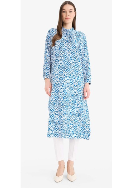 Regular Fit Desenli Dik Yaka Uzun Kollu Diz Altı Tunik D9861AX25SM