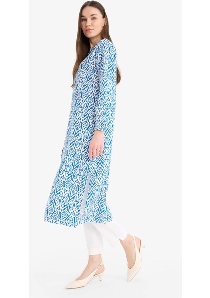 Regular Fit Desenli Dik Yaka Uzun Kollu Diz Altı Tunik D9861AX25SM