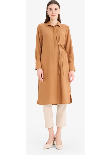 Regular Fit Gömlek Yaka Büzgülü Uzun Kollu Diz Altı Tesettür Tunik D9862AX25SM