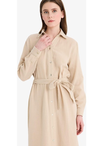 Gömlek Yaka Kuşaklı Müslin Uzun Kollu Maxi Elbise