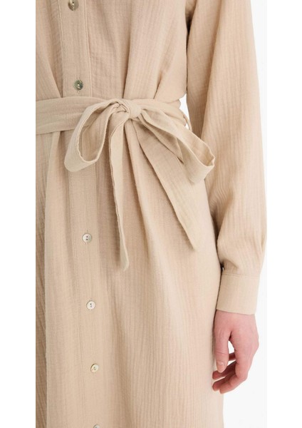 Gömlek Yaka Kuşaklı Müslin Uzun Kollu Maxi Elbise