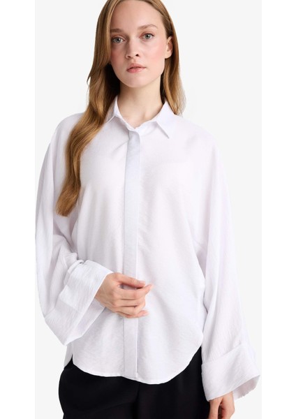 Relax Fit Basic Düz Keten Karışımlı Uzun Kollu Tesettür Gömlek Tunik D9702AX25SM