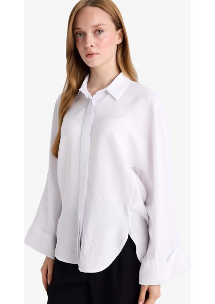 Relax Fit Basic Düz Keten Karışımlı Uzun Kollu Tesettür Gömlek Tunik D9702AX25SM