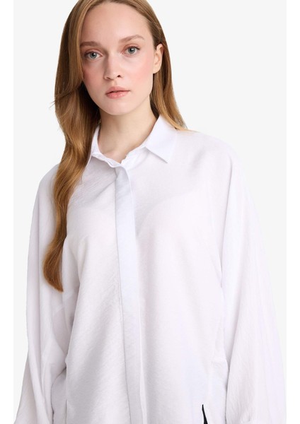 Relax Fit Basic Düz Keten Karışımlı Uzun Kollu Tesettür Gömlek Tunik D9702AX25SM