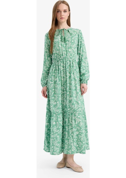 Bisiklet Yaka Desenli Viskon Uzun Kollu Maxi Elbise