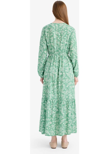 Bisiklet Yaka Desenli Viskon Uzun Kollu Maxi Elbise