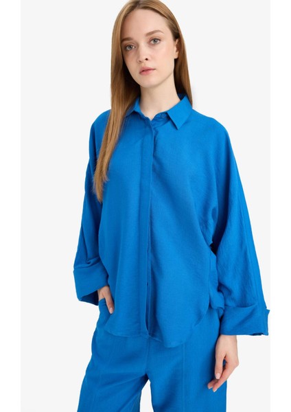 Relax Fit Basic Düz Keten Karışımlı Uzun Kollu Tesettür Gömlek Tunik D9702AX25SM