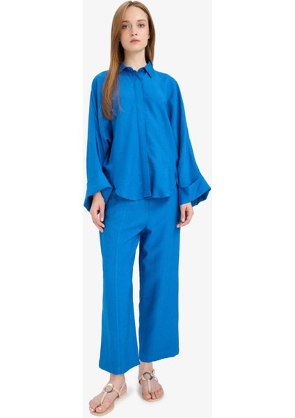 Relax Fit Basic Düz Keten Karışımlı Uzun Kollu Tesettür Gömlek Tunik D9702AX25SM