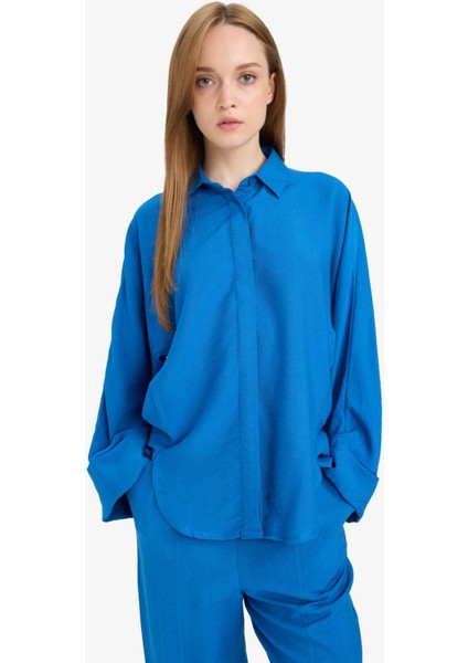 Relax Fit Basic Düz Keten Karışımlı Uzun Kollu Tesettür Gömlek Tunik D9702AX25SM