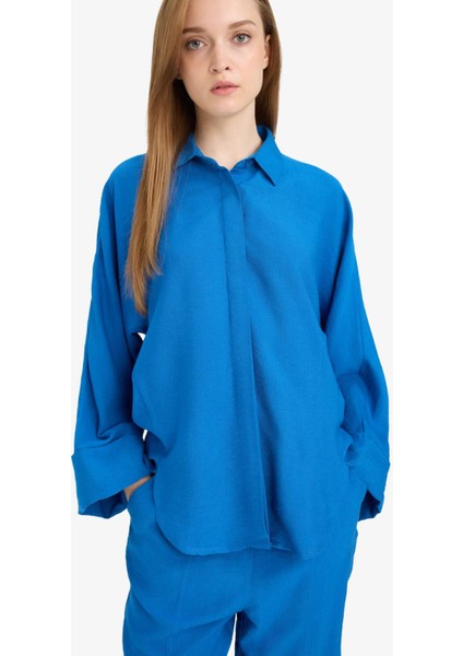 Relax Fit Basic Düz Keten Karışımlı Uzun Kollu Tesettür Gömlek Tunik D9702AX25SM