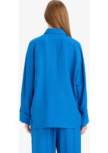 Relax Fit Basic Düz Keten Karışımlı Uzun Kollu Tesettür Gömlek Tunik D9702AX25SM