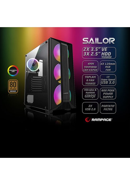 çınar ticaret rampage saılor temper 600w 80+ bronze 4x120mm rgb fanlı gaming kasa