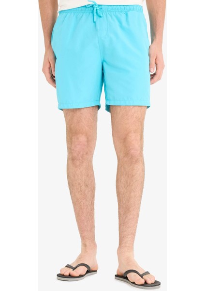 Regular Fit Kısa Boy Cepli File Astarlı Beli Bağcıklı Düz Hafif Kumaş Deniz Şortu