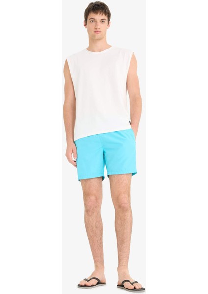 Regular Fit Kısa Boy Cepli File Astarlı Beli Bağcıklı Düz Hafif Kumaş Deniz Şortu