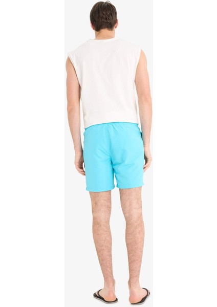 Regular Fit Kısa Boy Cepli File Astarlı Beli Bağcıklı Düz Hafif Kumaş Deniz Şortu