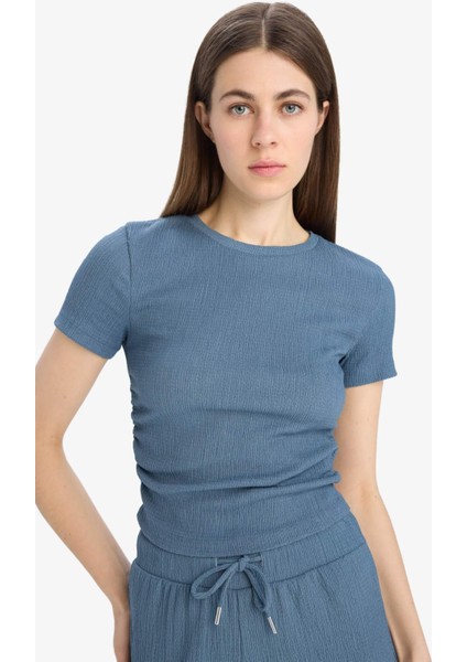 Slim Fit Dar Kesim Bisiklet Yaka Bürümcük Kısa Kollu Tişört E0991AX25SP