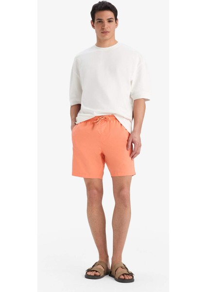 Regular Fit Kısa Boy Cepli File Astarlı Beli Bağcıklı Düz Hafif Kumaş Deniz Şortu