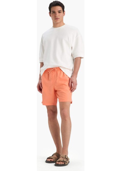 Regular Fit Kısa Boy Cepli File Astarlı Beli Bağcıklı Düz Hafif Kumaş Deniz Şortu