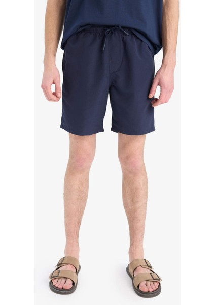 Regular Fit Kısa Boy Cepli File Astarlı Beli Bağcıklı Düz Hafif Kumaş Deniz Şortu