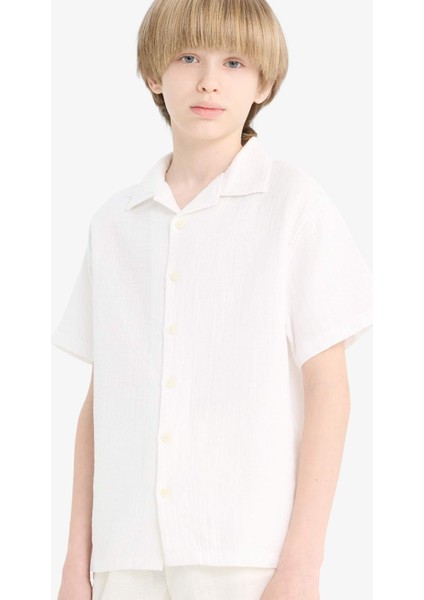 Erkek Çocuk Oversize Geniş Kalıp Polo Yaka Müslin Kısa Kollu Gömlek