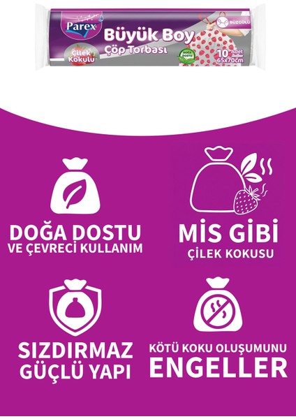 Premium 10'lu Büzgülü Çöp Torbası Çilek Kokulu Büyük Boy 65 x 70 cm Onikili Paket fırsatları