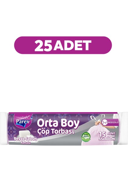 Büzgülü 15'li Çöp Torbası Beyaz Sabun Kokulu Orta Boy 55 x 60 cm 25 Paket fiyatları
