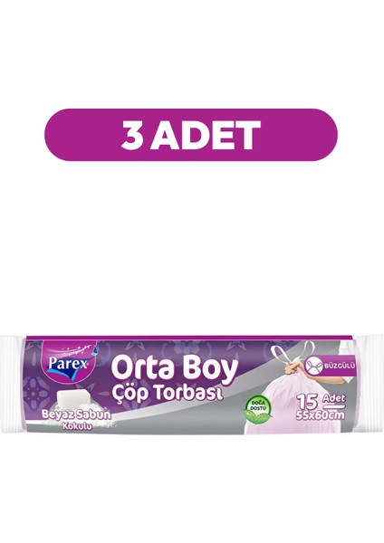 Büzgülü 15'li Çöp Torbası Beyaz Sabun Kokulu Orta Boy 55 x 60 cm Üçlü Paket fiyatları