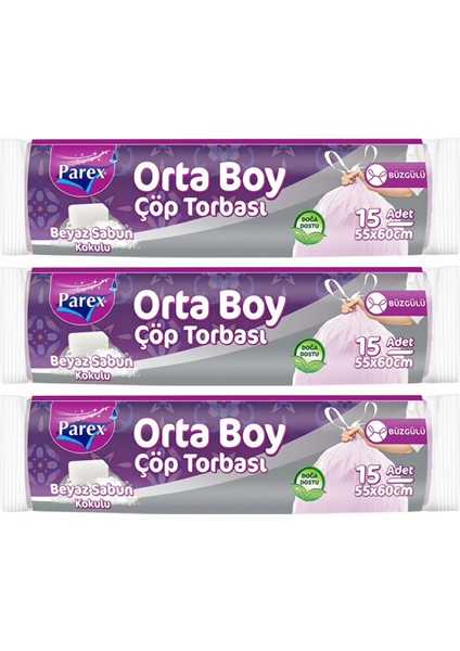 Büzgülü 15'li Çöp Torbası Beyaz Sabun Kokulu Orta Boy 55 x 60 cm Üçlü Paket modelleri