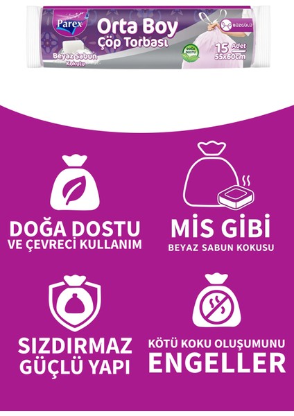 Büzgülü 15'li Çöp Torbası Beyaz Sabun Kokulu Orta Boy 55 x 60 cm Üçlü Paket fırsatları
